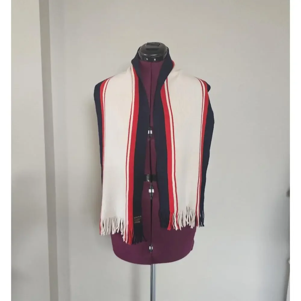 Schurwolle Wool Scarf With Fringe 52x9 Navy Blue Ivory Red Striped 1960s Vintage